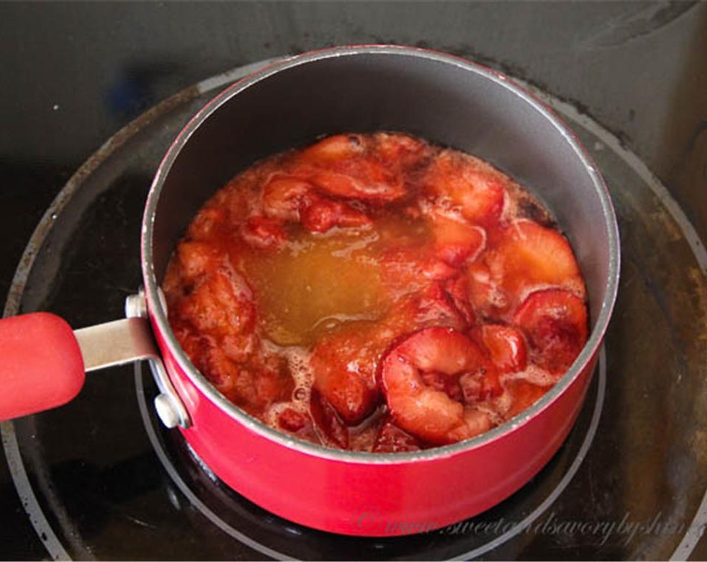 step 10 To make the strawberry sauce, in a small saucepan combine Fresh Strawberry (1 cup)  and Honey (2 Tbsp) and boil for about 5 minutes. Cool completely.