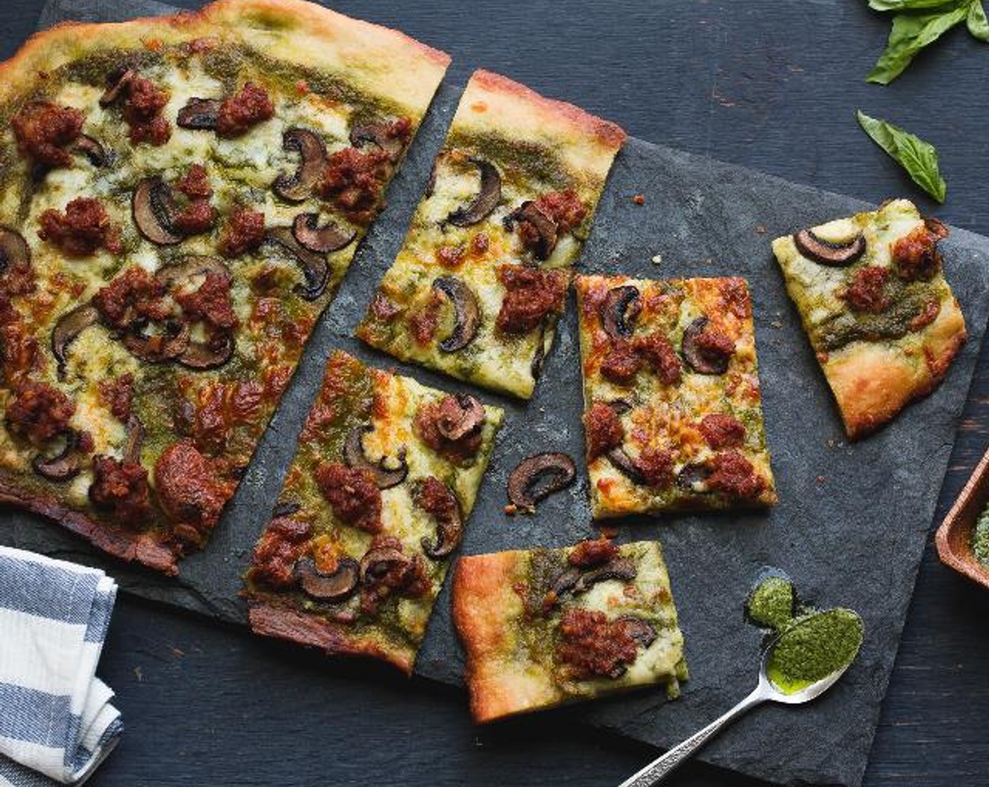 Italian Sausage Pesto Pizza with Crimini Mushrooms