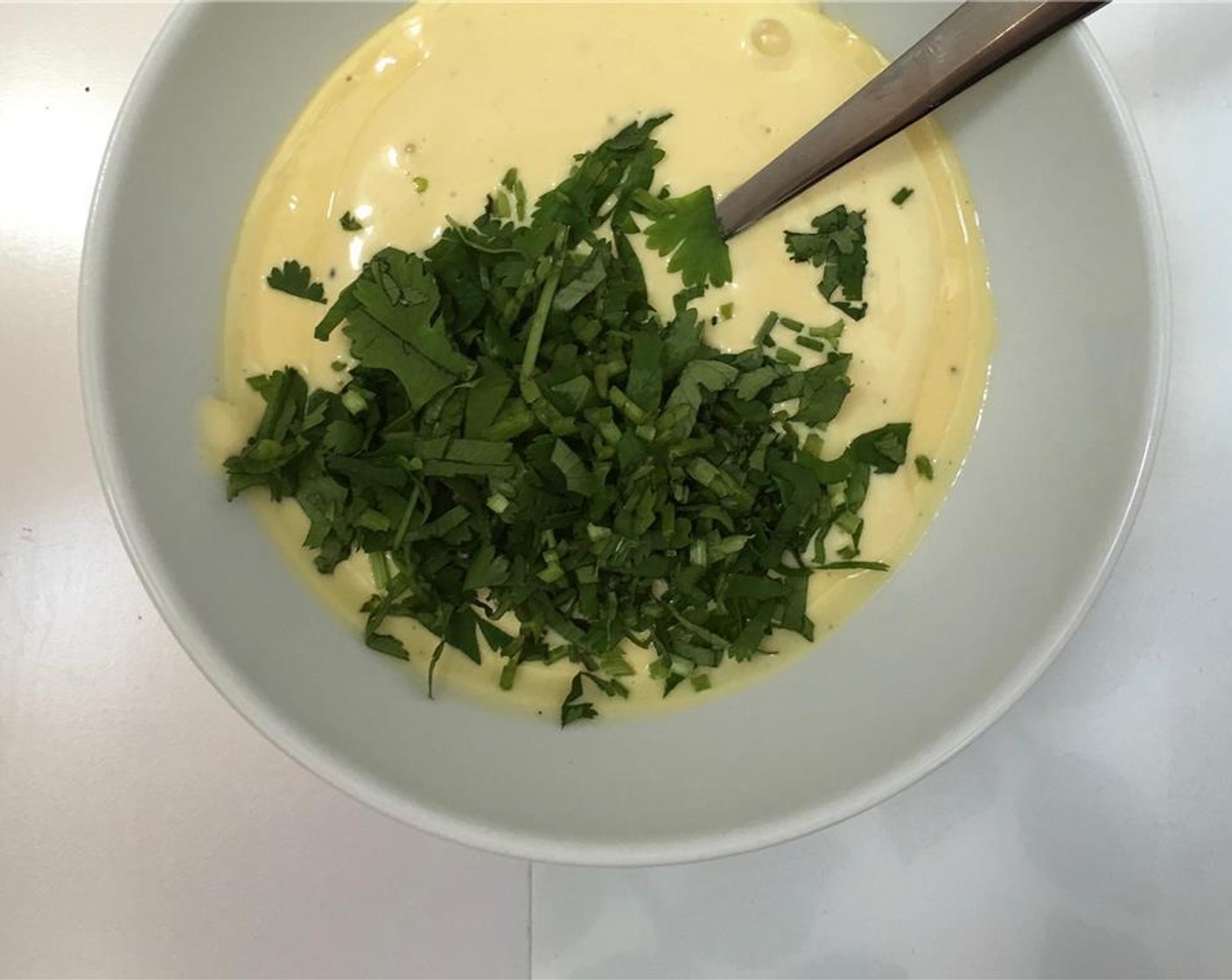step 1 For the cilantro mayonnaise, combine the Mayonnaise (2 Tbsp), the juice from Lemon (1) and the Fresh Cilantro (3 Tbsp) Season with Salt (to taste) and Ground Black Pepper (to taste). Stir well and place the mayo in the fridge until needed later on.