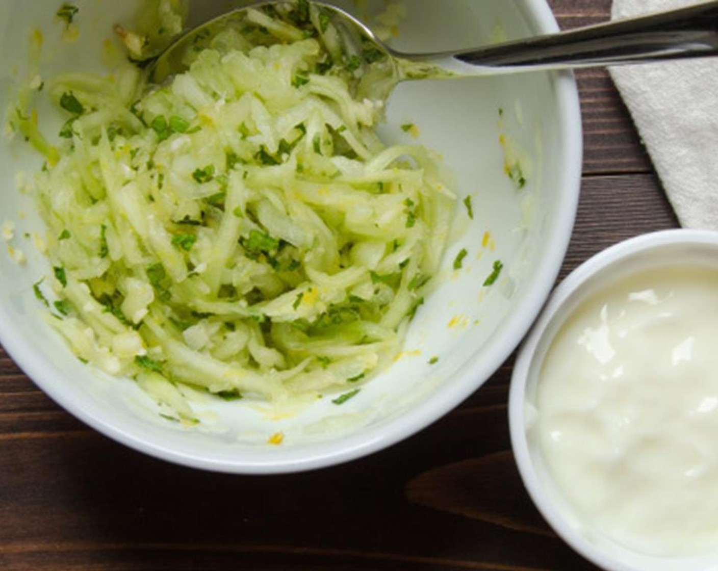 step 13 Combine minced garlic, cucumber, chopped Fresh Mint (1 Tbsp) in a small bowl and stir the mixture. Add the Low-Fat Plain Yogurt (1 cup) and stir to combine. Cover and chill until ready to serve.