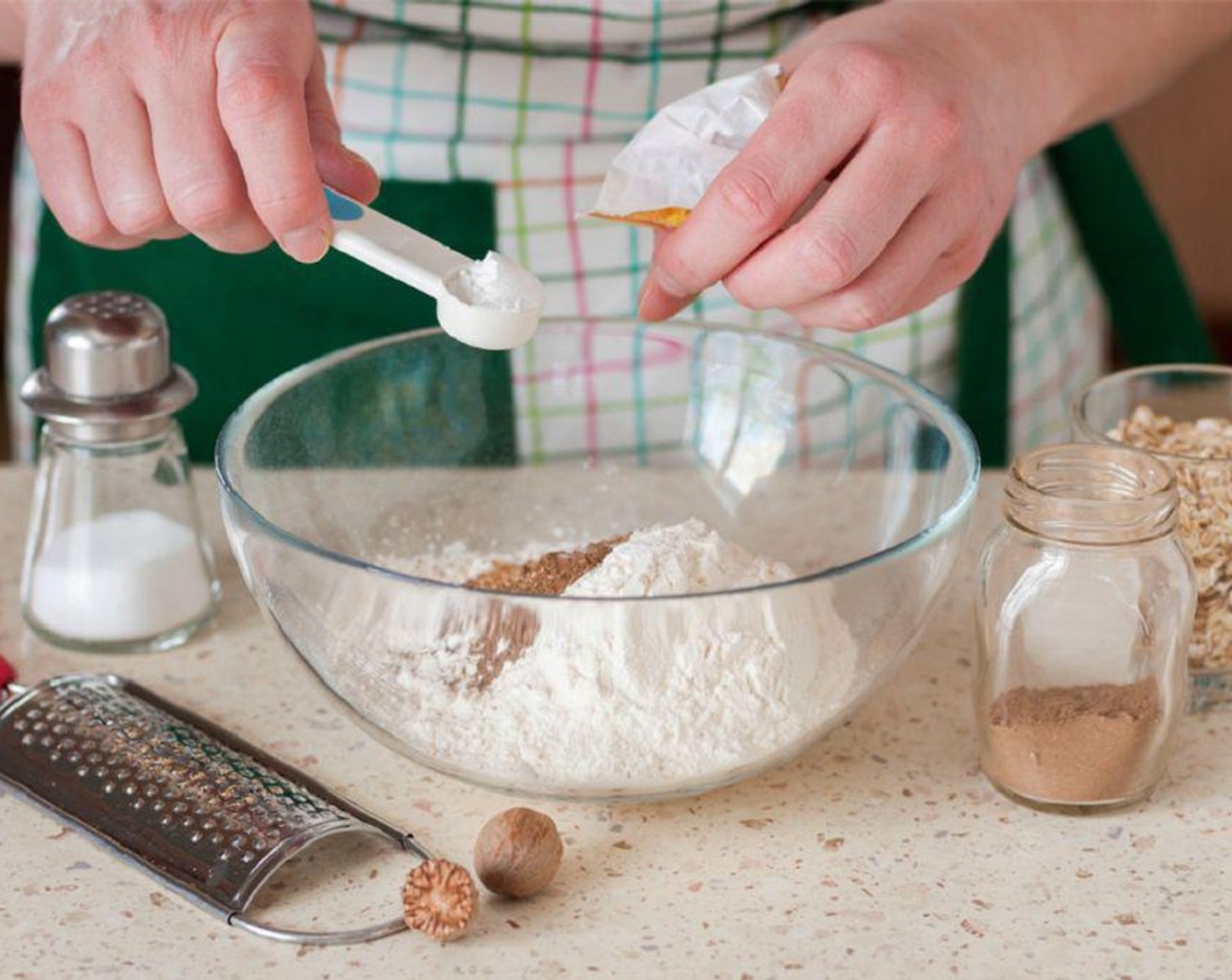 step 2 In a mixing bowl, add the Oats (3/4 cup), the remaining flour, Baking Powder (1/2 Tbsp), Egg (1), Salt (1/4 tsp), Milk (3/4 cup), Granulated Sugar (3/4 cup), and Oil (1/4 cup). Stir to mix.