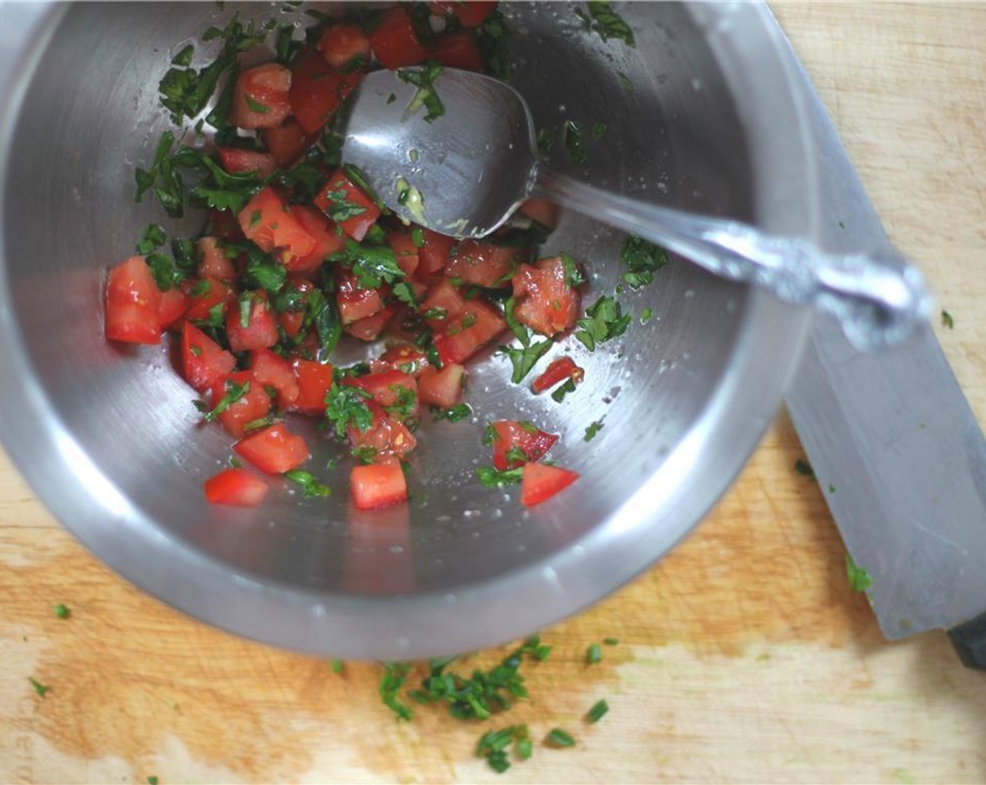 step 5 Then Tomato (1), Fresh Cilantro (1 Tbsp), and Fresh Chives (1 Tbsp) together with some juice from Lemon (1) and season with Salt (to taste) and Ground Black Pepper (to taste).