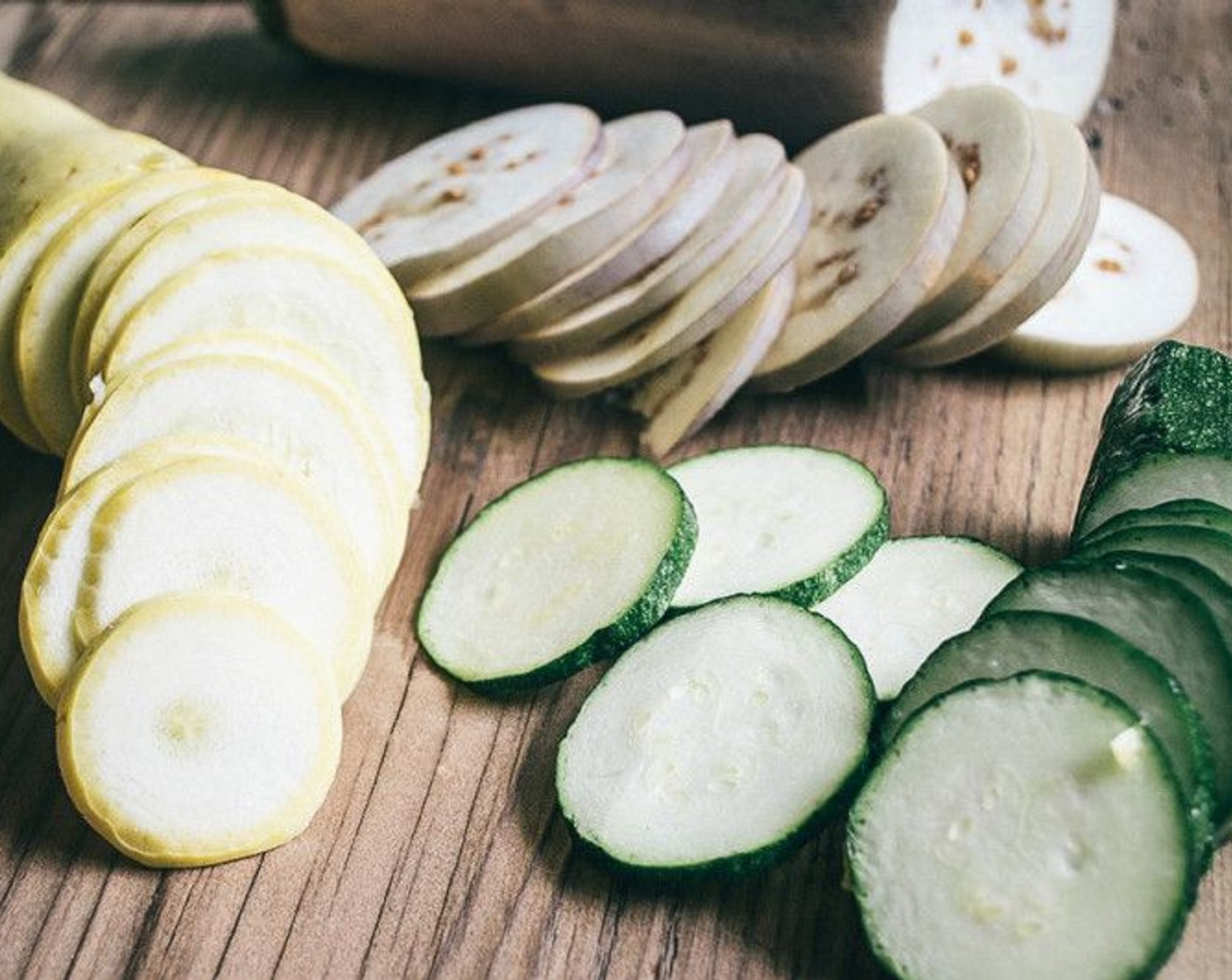 step 2 Thinly slice Eggplant (1/2), Zucchini (1/2), Yellow Squash (1/2), and Beet (1/2).