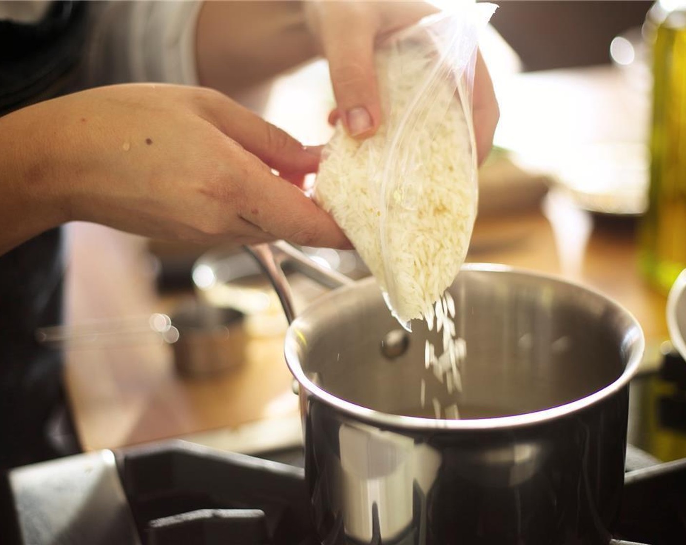 step 2 In a small saucepan, add Jasmine Rice (3/4 cup) to cold Water (1 3/4 cups), and stir to combine. Bring to a boil.