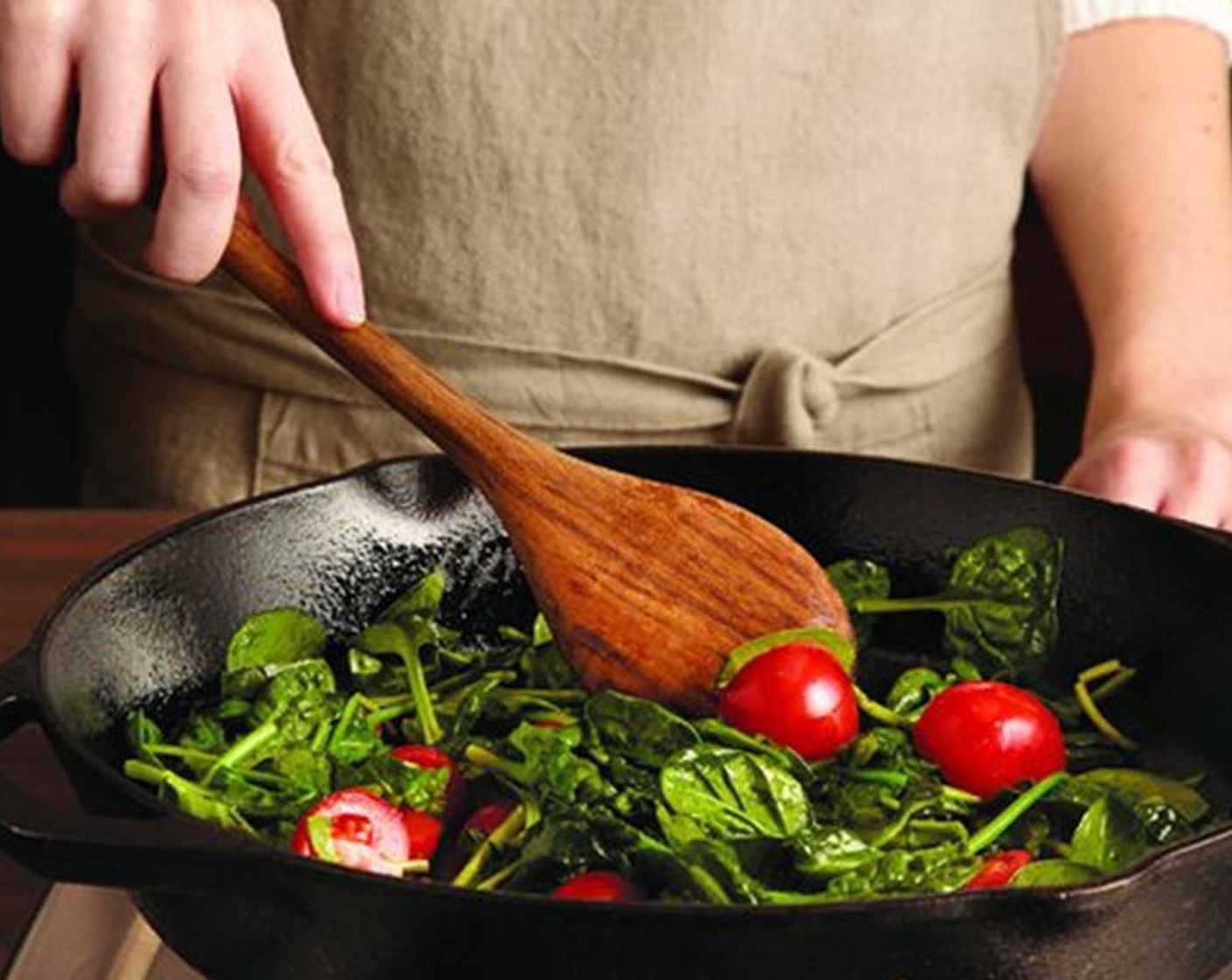 step 3 Pour all the bacon fat out of the skillet except 1 tablespoon. Add the Fresh Baby Spinach (115 g) and Cherry Tomatoes (4 Tbsp) and cook over medium heat, stirring a few times, until the spinach wilts and the tomatoes heat through.