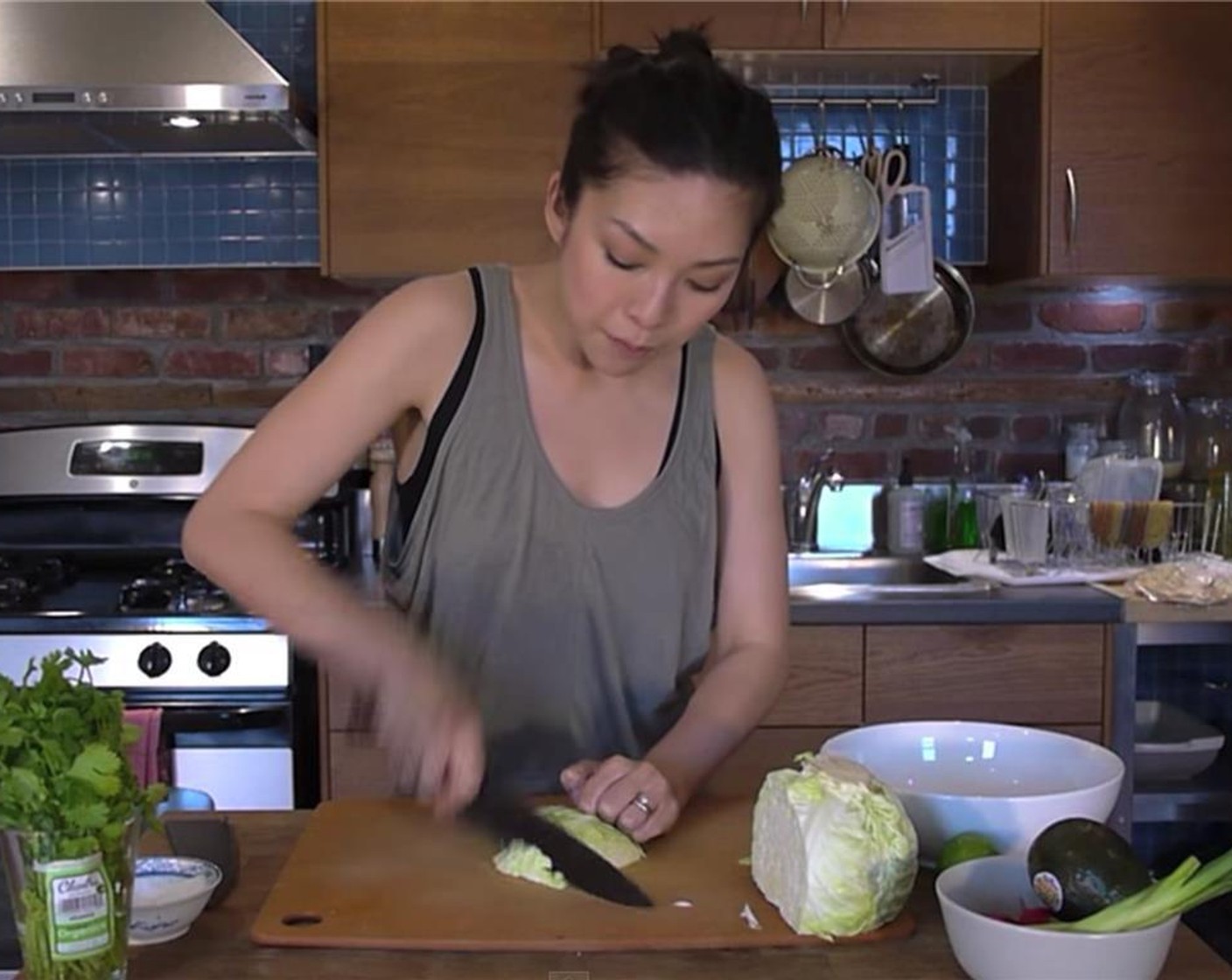 step 1 Slice Green Cabbage (1/4) into thin strips and put it into a bowl.