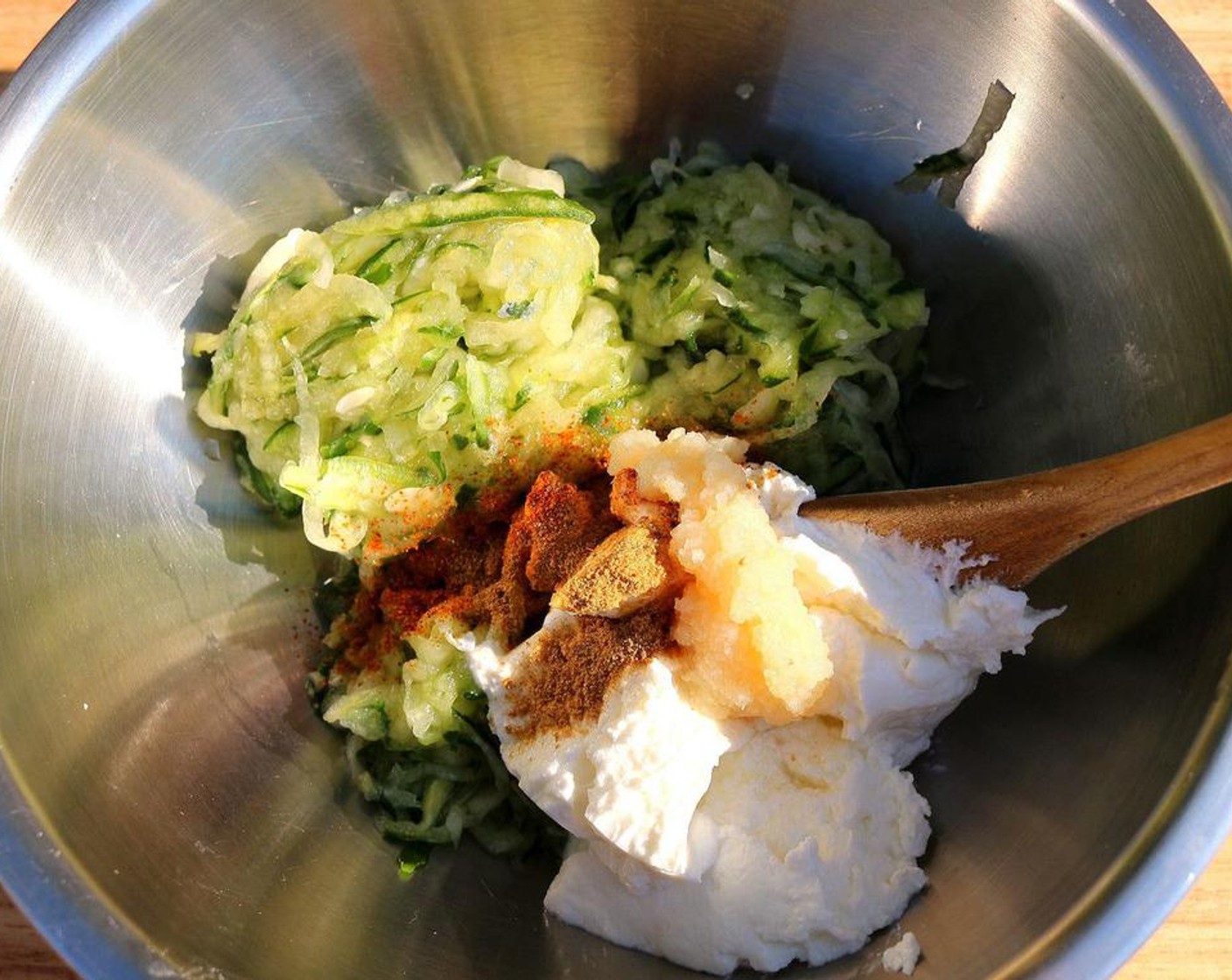 step 4 Add Greek Yogurt (1 cup), Cayenne Pepper (1 pinch), Ground Cumin (1 pinch), Lemon (1/2) and Garlic Paste (1/2 tsp). If desired, you may also add Fresh Mint (to taste)  and Fresh Dill (to taste). Mix well and check/adjust seasoning.