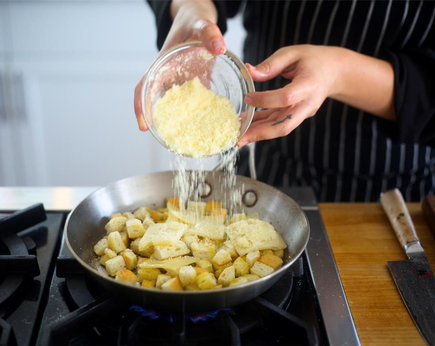 step 14 Reduce heat to low, add Parmesan Cheese (1/2 cup) and Swiss Cheese (2 slices) in medium size pieces, stirring well and being careful not to burn. Season with Salt (1/2 tsp) and Ground Black Pepper (1/4 tsp).