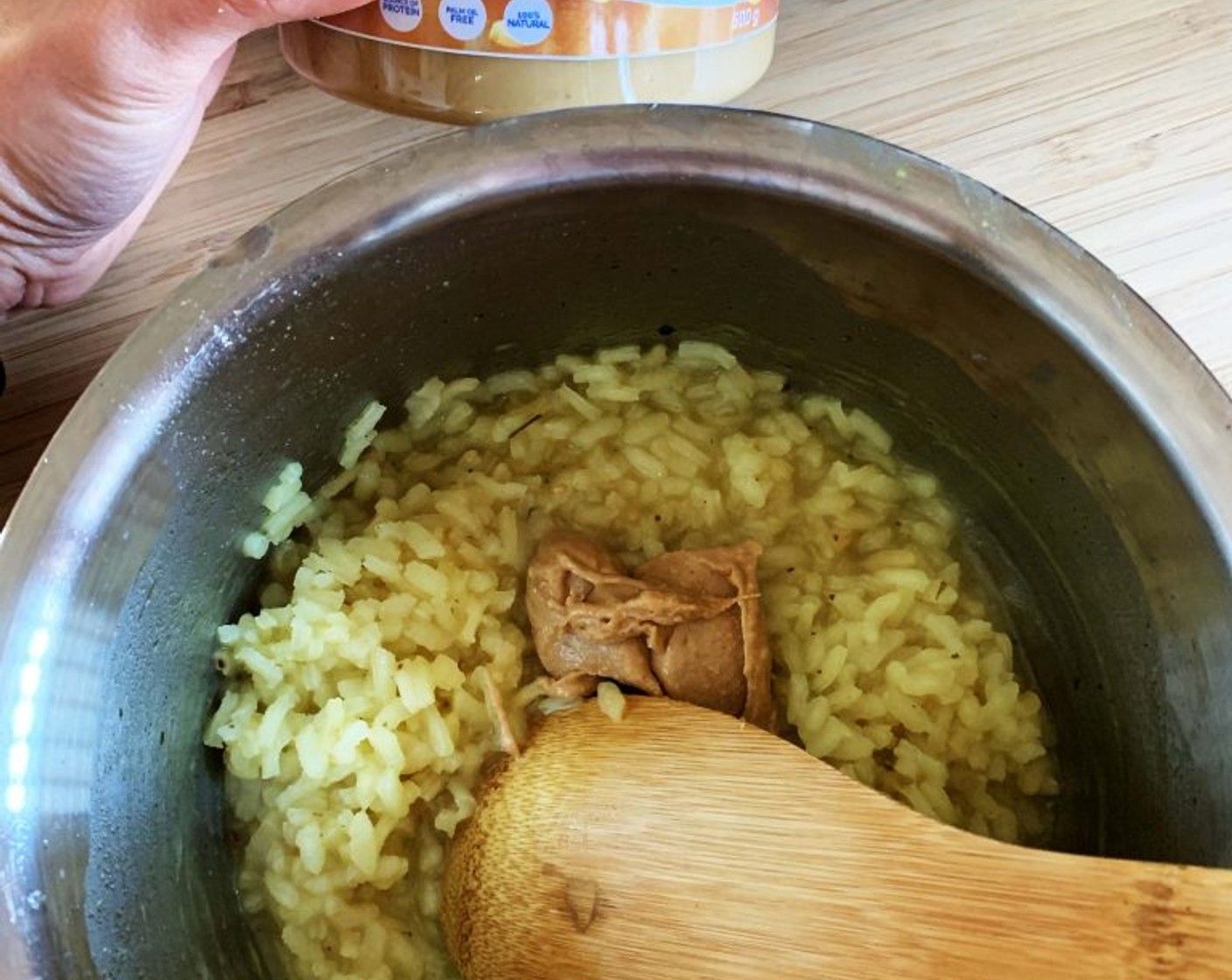 step 5 Add in the Creamy Peanut Butter (1 Tbsp) and stir fast using a whisk. This will help get a very creamy risotto. Cover with a lid and let it sit for 2-3 minutes.