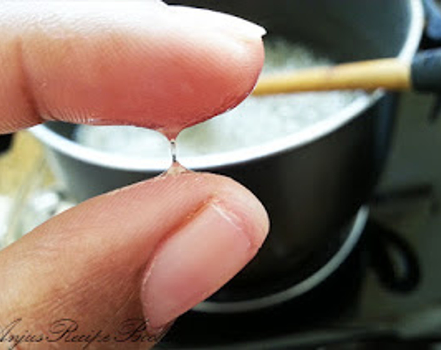 step 2 Add Caster Sugar (3/4 cup) and water to a pan and let it boil.  Once it boils, add juice from Lime (1/4). Remove any dirt that floats on the sugar syrup and let it boil until it reaches thread consistency.