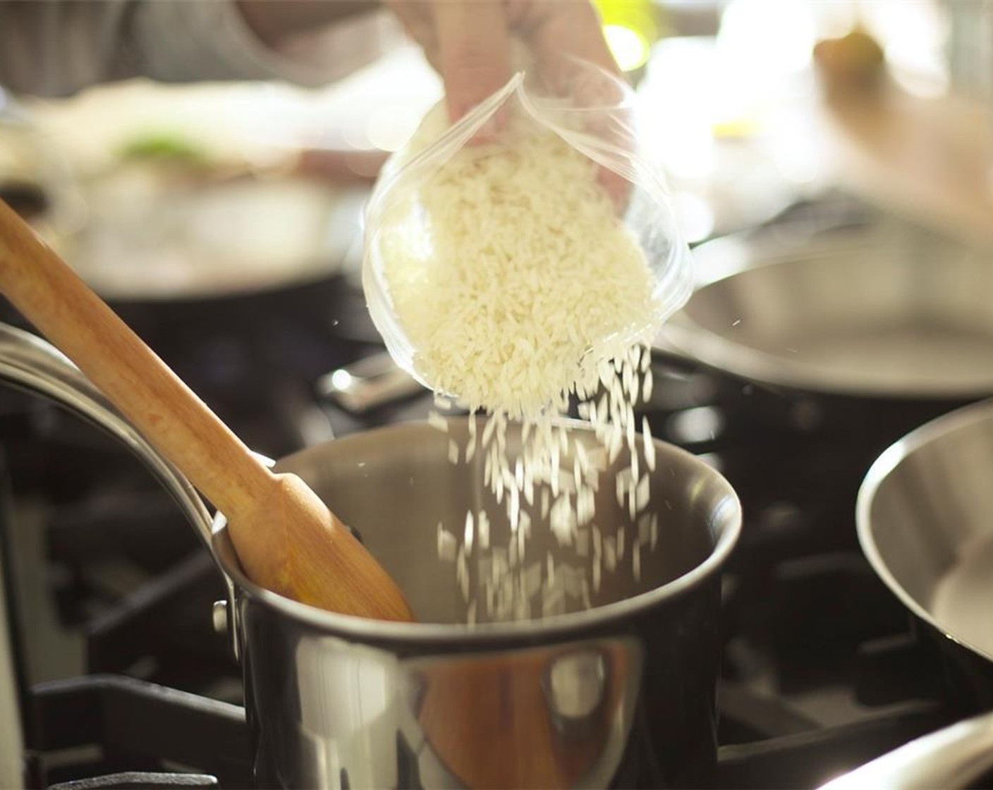 step 7 In a small saucepan, add Jasmine Rice (3/4 cup) with one and a quarter cup of cold water. Stir until combined. Bring to a boil, reduce heat to a simmer, cover and cook for ten minutes or until rice is tender and all moisture has been absorbed.