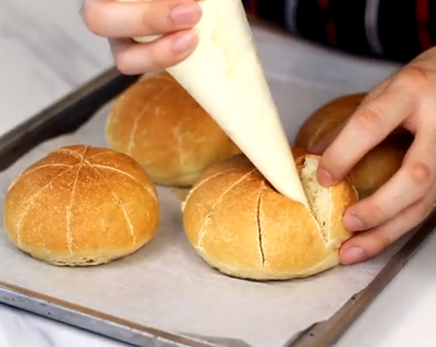 step 12 Fill the buns with Cream Cheese (3/4 cup).