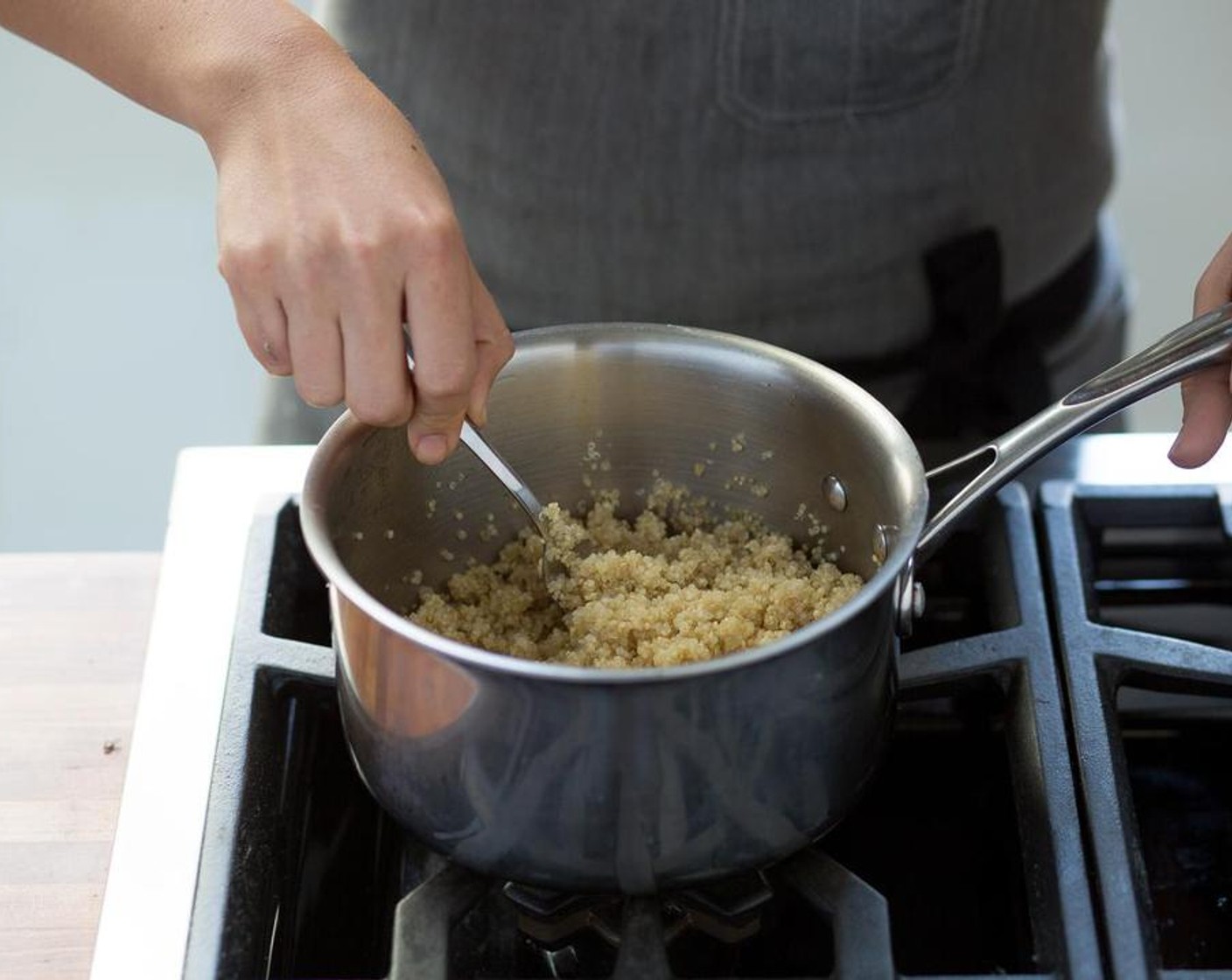 step 1 In a small saucepot over medium-high heat. Bring Water (1 1/2 cups) to a boil. Add Quinoa (2/3 cup) and return to a boil. Reduce heat to low, cover and simmer for 20 minutes. Remove from heat, fluff with a fork and keep warm until plating.