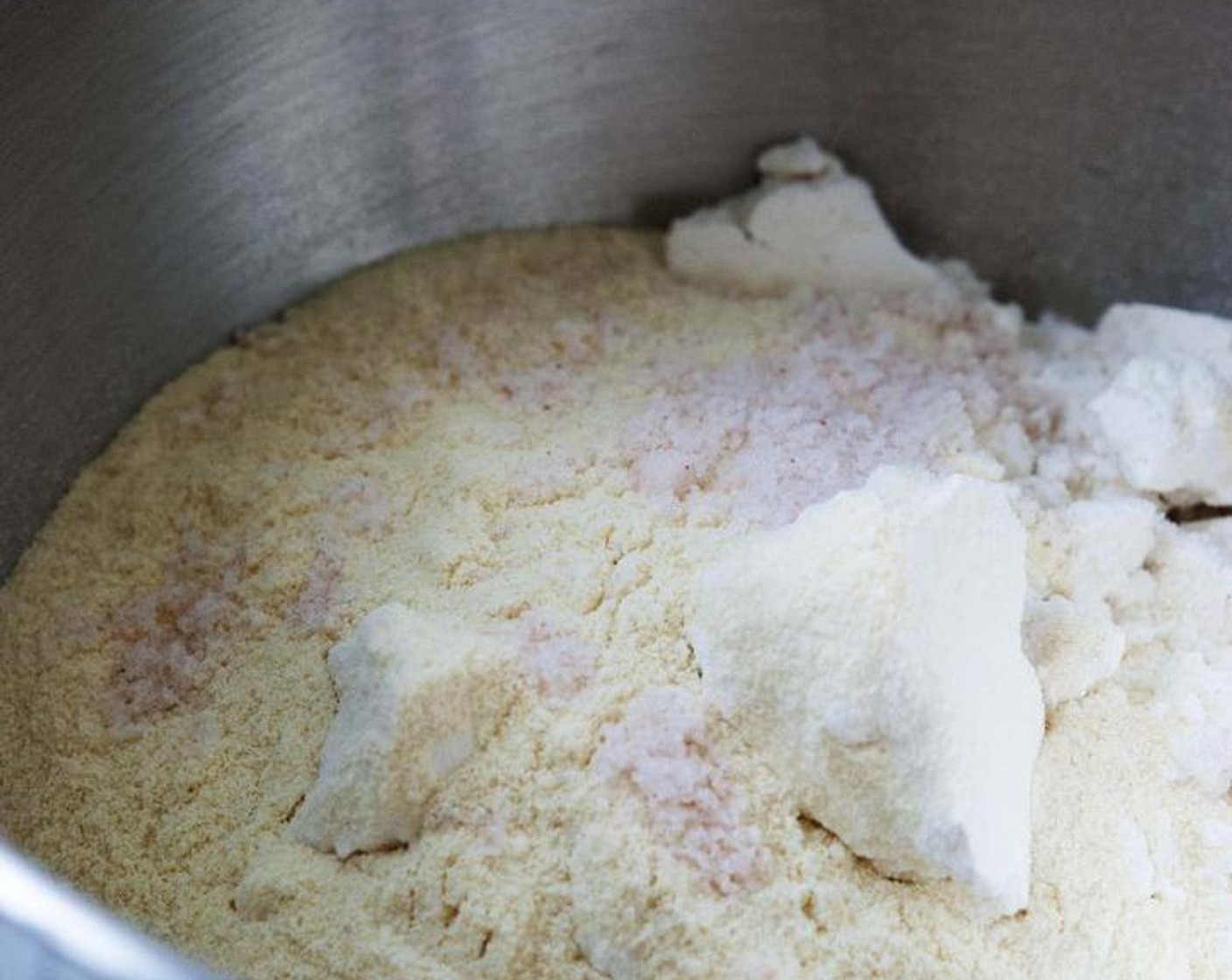 step 1 In a bowl of your electric mixer, or on your kitchen counter if your working by hands, gather All-Purpose Flour (3 cups), Semolina Flour (2/3 cup), Salt (1 Tbsp) and Potatoes (3.5 oz).