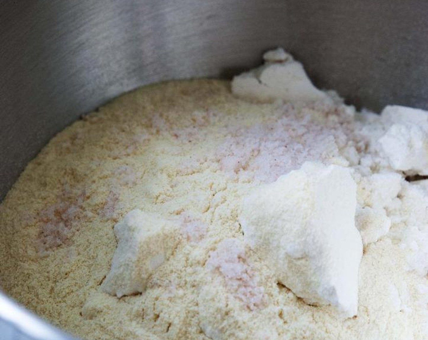 step 1 In a bowl of your electric mixer, or on your kitchen counter if your working by hands, gather All-Purpose Flour (3 cups), Semolina Flour (2/3 cup), Salt (3 tsp) and Potatoes (3.5 oz).