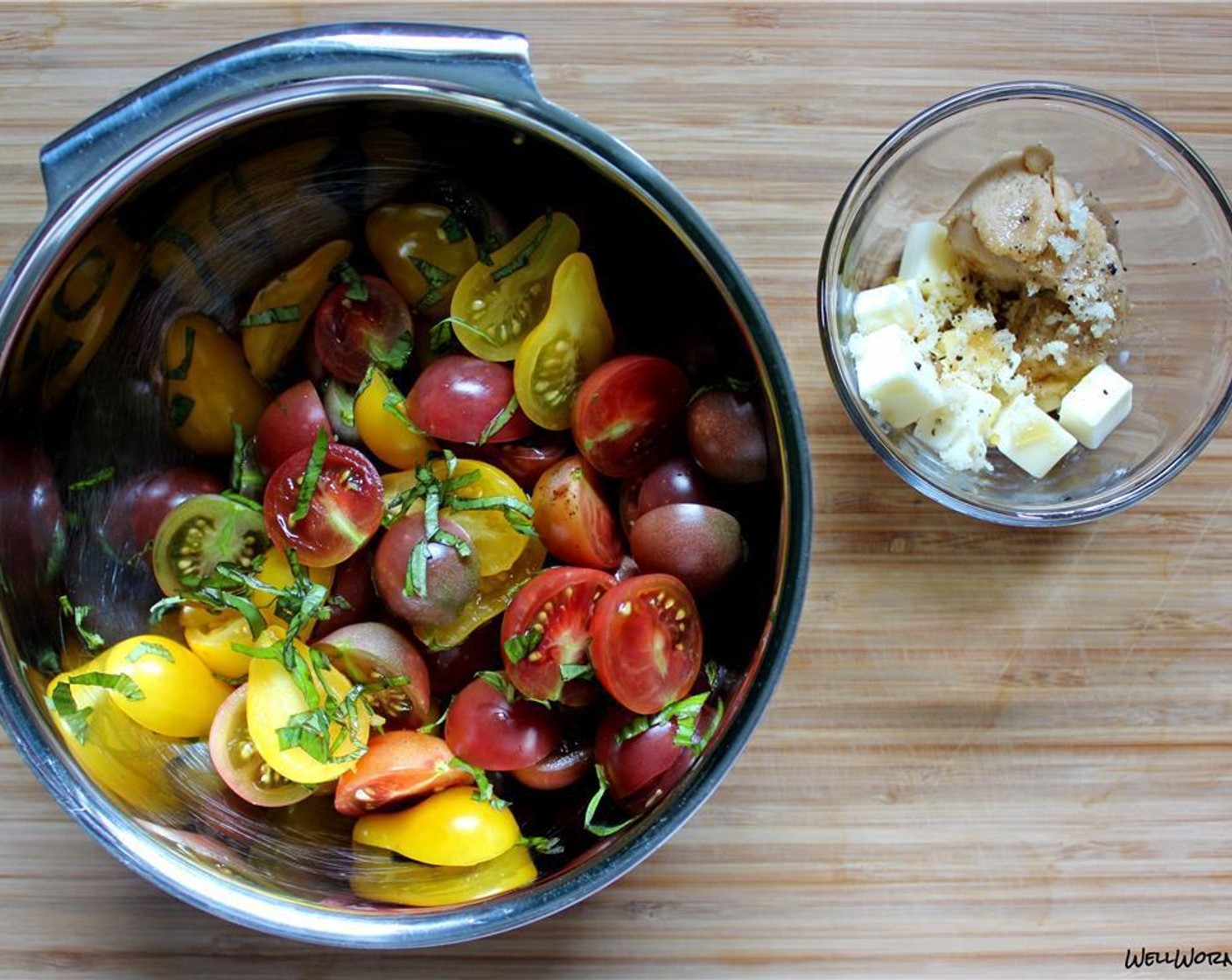 step 4 To make the tomato salad, mix the White Miso Paste (2 Tbsp), Butter (2 Tbsp), Honey (1/2 tsp), Horseradish Root (1 tsp), Fresh Basil (2 Tbsp), Fresh Chives (2 Tbsp), Salt (to taste) and Ground Black Pepper (to taste) in a bowl. Toss with the Cherry Tomatoes (3 cups).