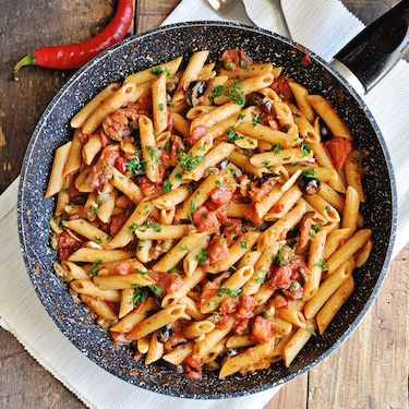Spicy Penne Pasta with Anchovies, Capers & Black Olives Recipe | SideChef