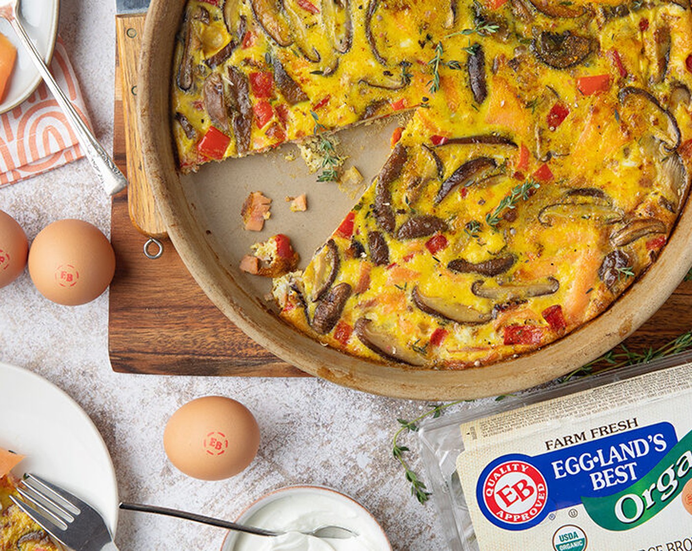 step 7 Drop on spoonfuls of Greek Yogurt (2 Tbsp) and sprinkle the remaining one tablespoon Fresh Thyme (1 Tbsp) over frittata before serving.
