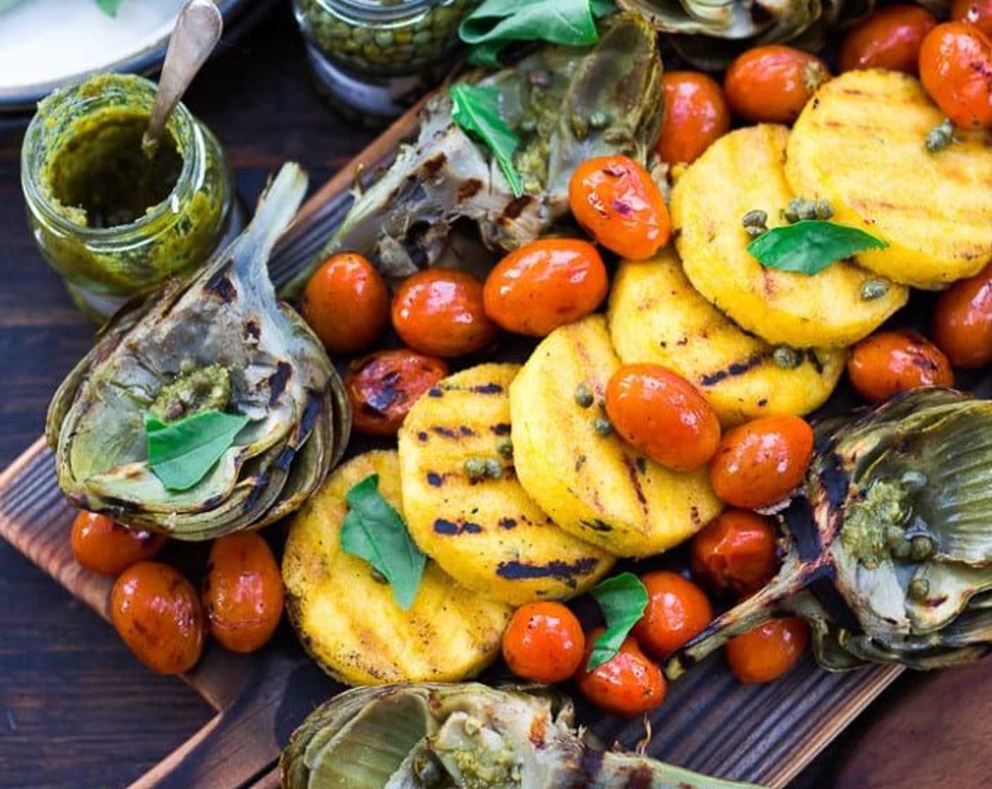 Grilled Artichokes & Polenta with Blistered Tomatoes