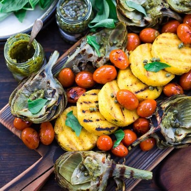 Grilled Artichokes & Polenta with Blistered Tomatoes Recipe | SideChef