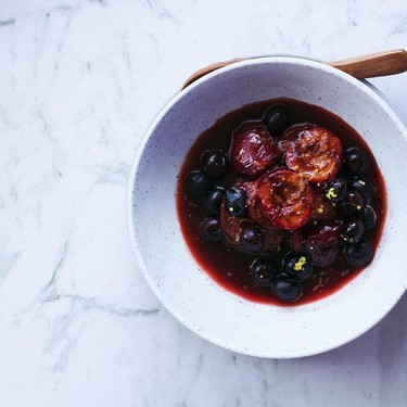 Plums in Vegan Balsamic Syrup with Blueberries Recipe | SideChef