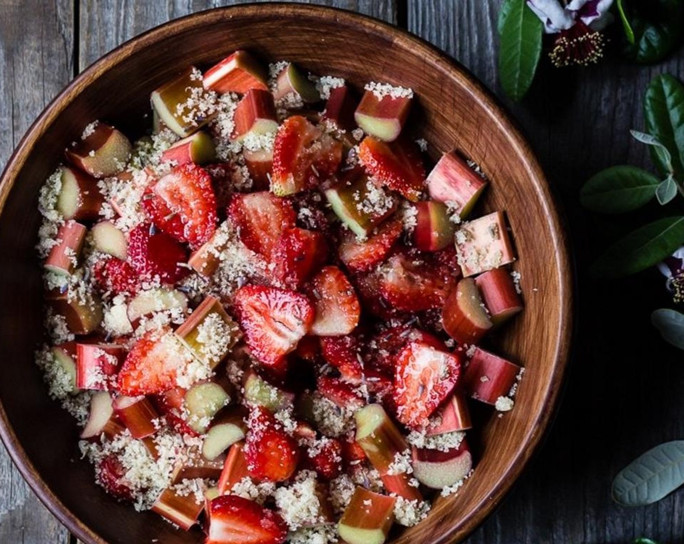 step 6 Add the strawberries, Dried Lavender Bulbs (1/2 tsp), and Arrowroot Starch (1 Tbsp) to the rhubarb and sugar. Stir until well combined.