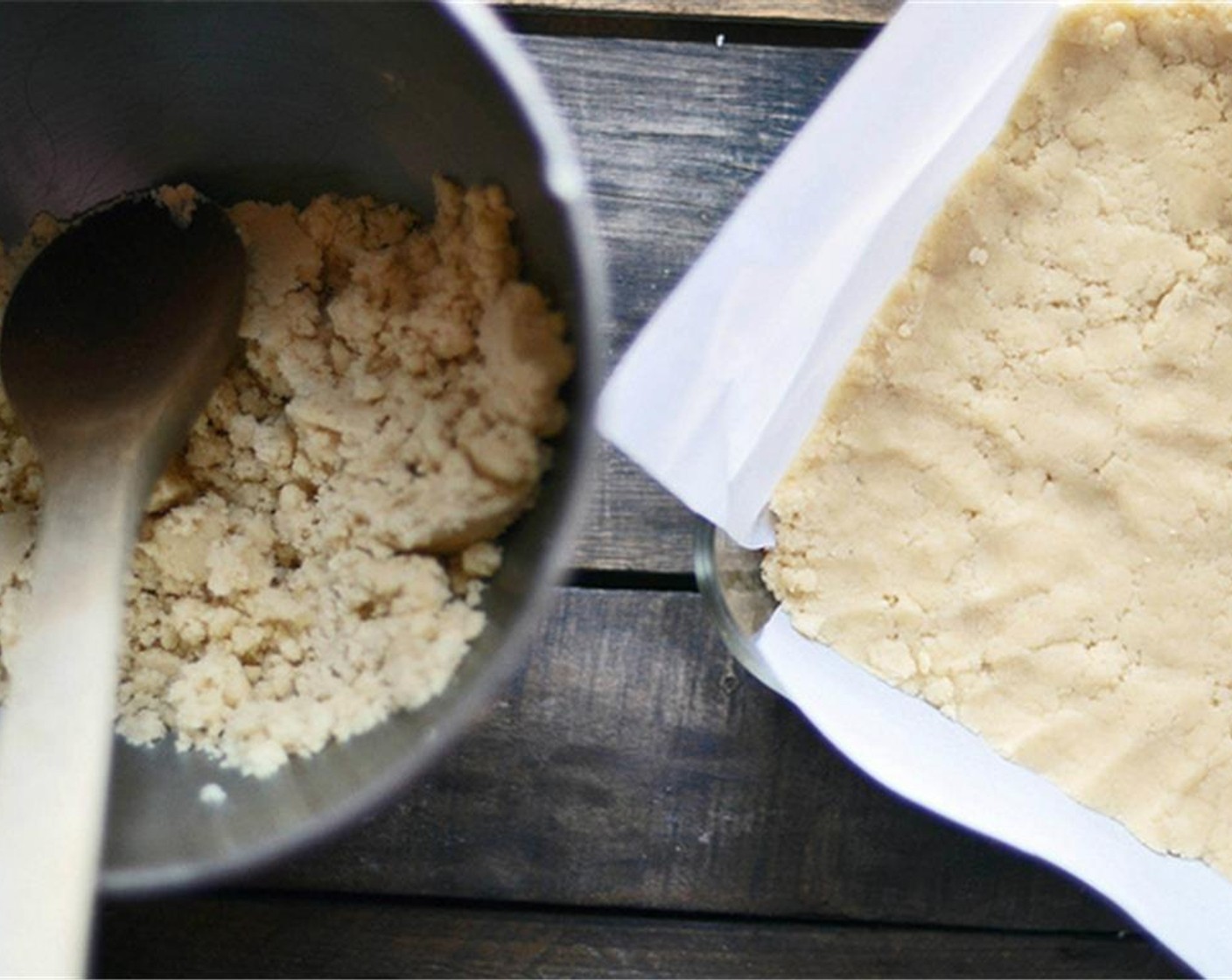 step 4 Press ⅔ of the dough into the bottom of the baking pan and about ¼ inch up the sides of the pan.