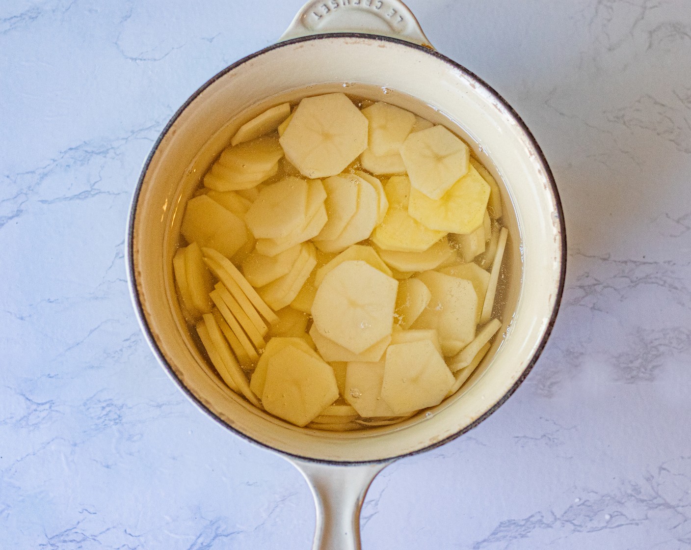 step 2 In a small pot, boil the Potatoes (6). Because they are thin, they will likely need no more than 5 minutes after the water begins to boil.