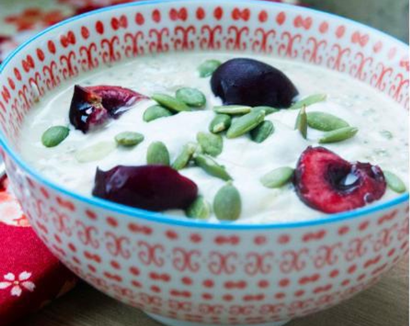 step 5 Serve with Cherries (to taste), Cashew Nut Yogurt (to taste), Hemp Hearts (to taste), and Pure Maple Syrup (to taste).