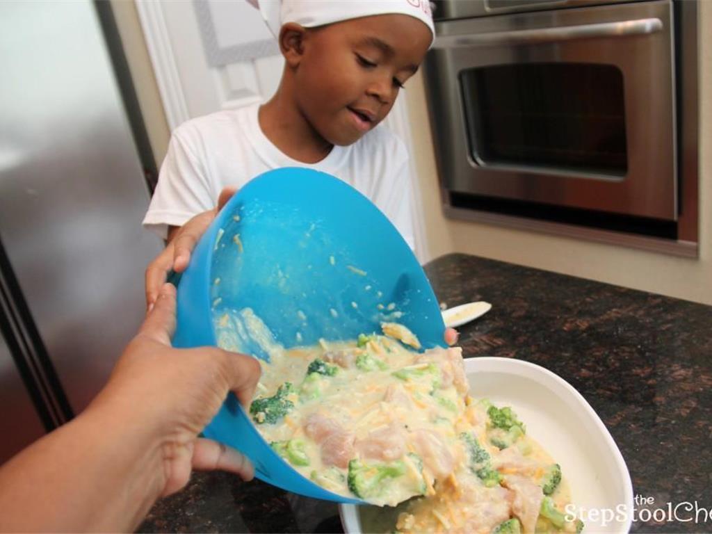 Step 8 of Chicken Broccoli and Rice Casserole Recipe: Pour the ingredients into the casserole dish.