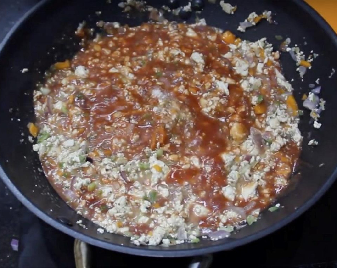 step 11 Bring your heat to medium-low, throw in Tomato Sauce (2 2/3 cups). Mix well, season with Salt (to taste), Ground Black Pepper (to taste), and Mushroom Seasoning (to taste) and bring to a light simmer.