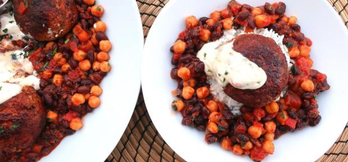 Rice Bowl with Spicy Meatballs, Black Beans and Garbanzo Stew Recipe | SideChef