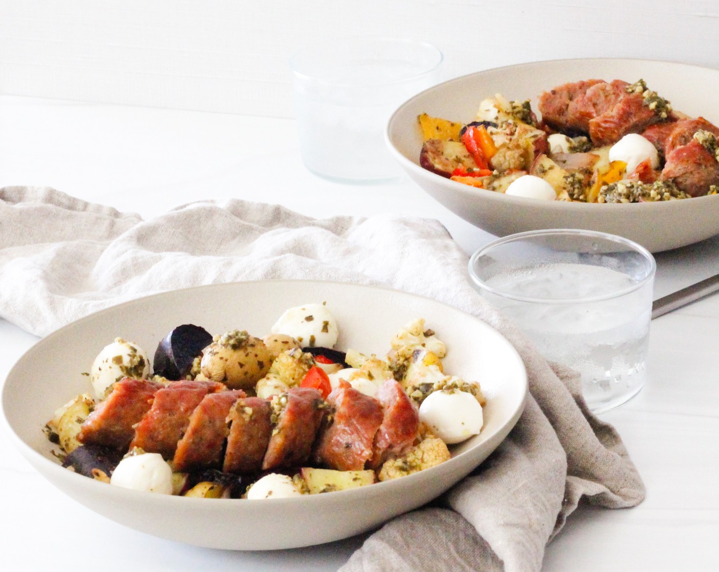 Veggie Sausage Sheet Pan Dinner with Pesto Cream