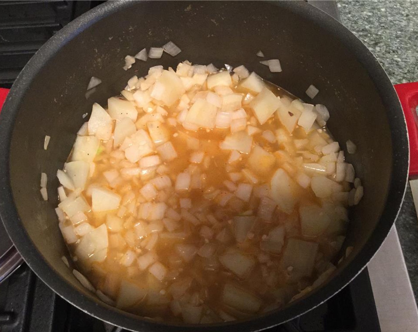 step 9 Add the potatoes and cover with water. Let it cook until potatoes are soft.