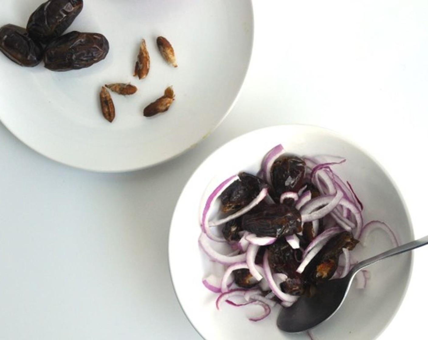 step 1 Thinly slice the Bread (1/4 cup). Roughly chop the Medjool Dates (5) and Unsalted Almonds (1/3 cup). In a small bowl mix chopped dates, Red Onions (4 slices), and White Wine Vinegar (1 Tbsp). Let sit for 20 minutes.