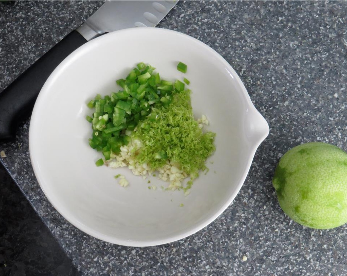 step 2 In a small bowl, combine Lime (1), Garlic (3 cloves), Fresh Cilantro (1/2 cup), Jalapeño Pepper (1/2), Ground Black Pepper (1/2 tsp), Kosher Salt (1/2 tsp), and Olive Oil (1/4 cup). Stir to combine and set marinade aside.