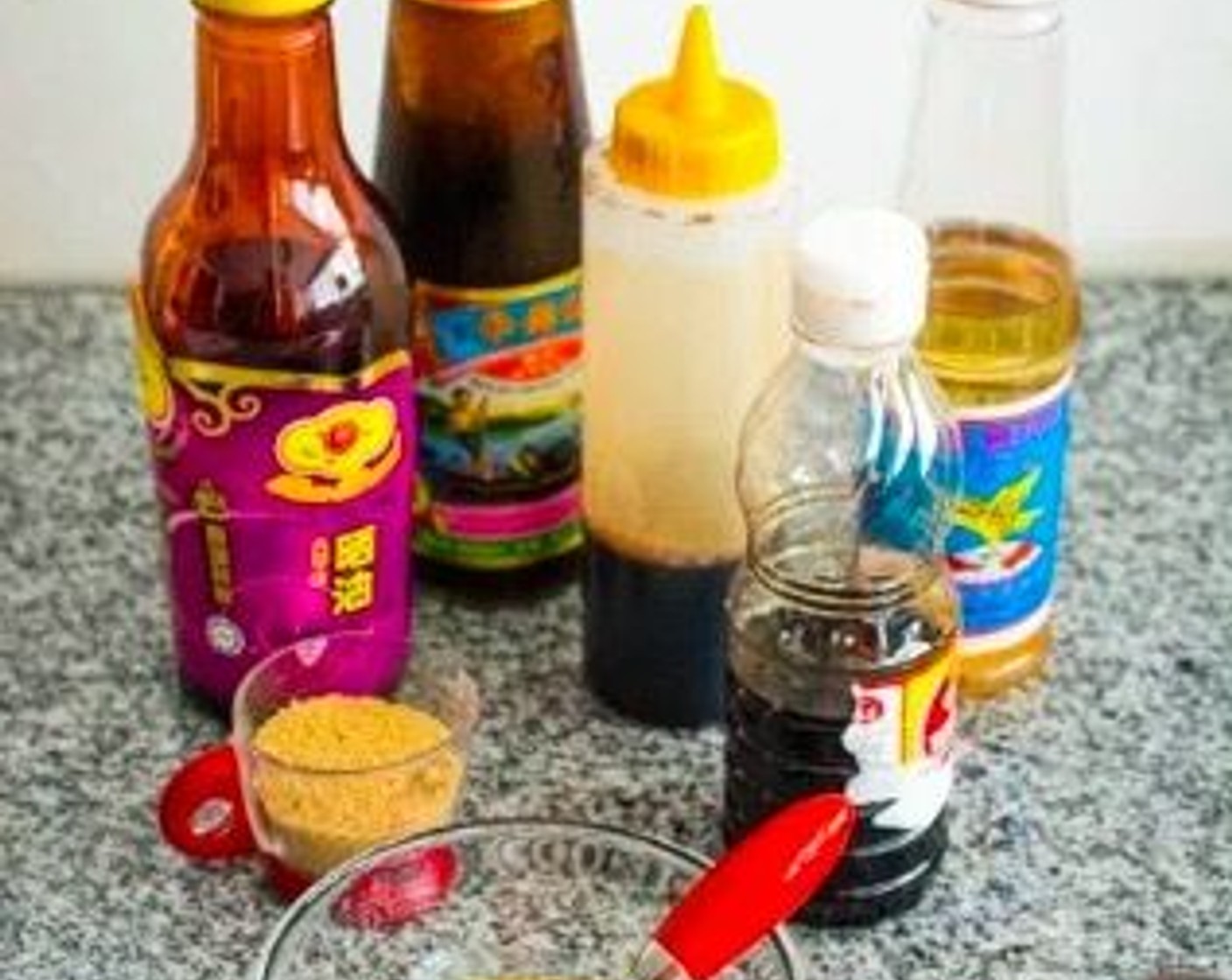 step 1 In a mixing bowl, combine Soy Sauce (1 Tbsp), Oyster Sauce (1 Tbsp), Rice Vinegar (1 Tbsp), Fish Sauce (2 tsp), Dark Soy Sauce (1 tsp), and Brown Sugar (2 tsp).