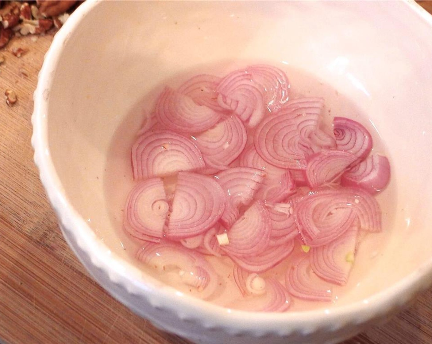 step 5 Place the shallots in a small bowl with the White Balsamic Vinegar (1/4 cup) and Granulated Sugar (1 tsp). Marinate for at least 20 minutes.
