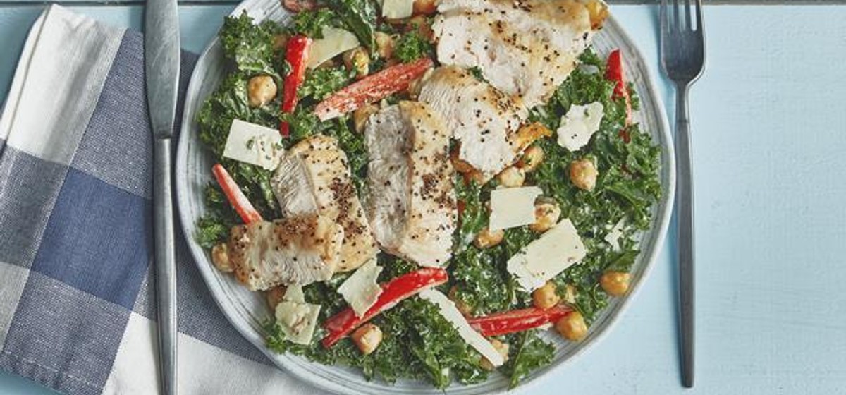Chicken Kale Caesar Salad with Crunchy Chickpeas Recipe | SideChef