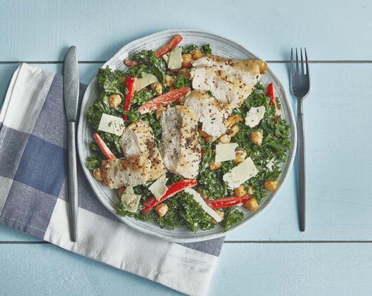 Chicken Kale Caesar Salad with Crunchy Chickpeas