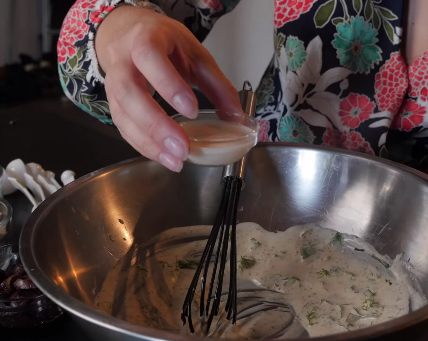 step 2 Meanwhile, in a large bowl, whisk together a quick sauce by combining; Vegan Mayonnaise (2/3 cup), Unsweetened Soy Milk (1 Tbsp), Fresh Parsley (3 Tbsp), Fresh Dill (3 Tbsp), Apple Cider Vinegar (1 Tbsp), and Dijon Mustard (1 Tbsp). You want the sauce to be thick but slightly runny. It will thicken slightly as it sits in the salad mixture.