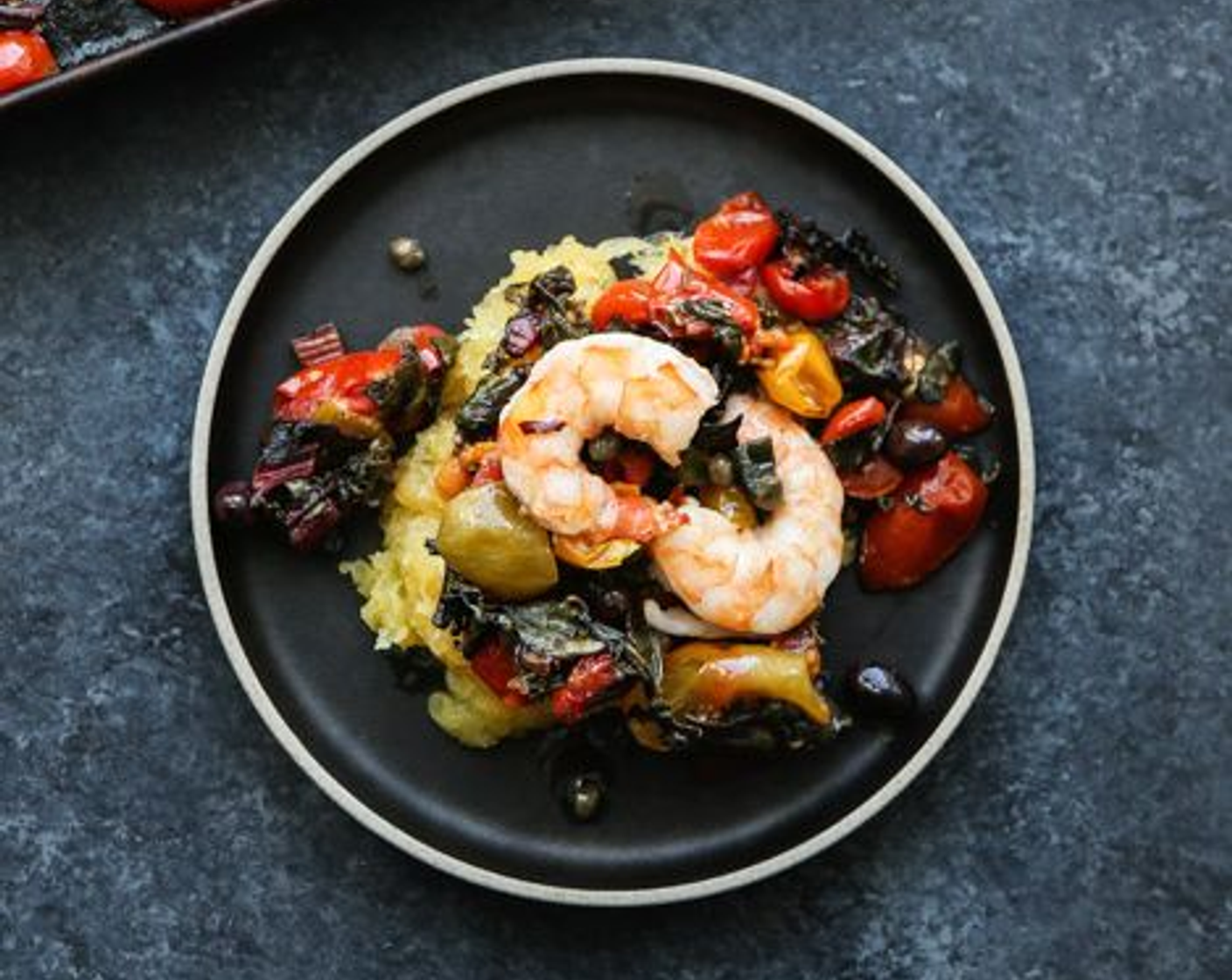 Sheet Pan Shrimp Puttanesca with Cherry Tomatoes and Chard