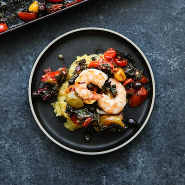 Sheet Pan Shrimp Puttanesca with Cherry Tomatoes and Chard Recipe | SideChef