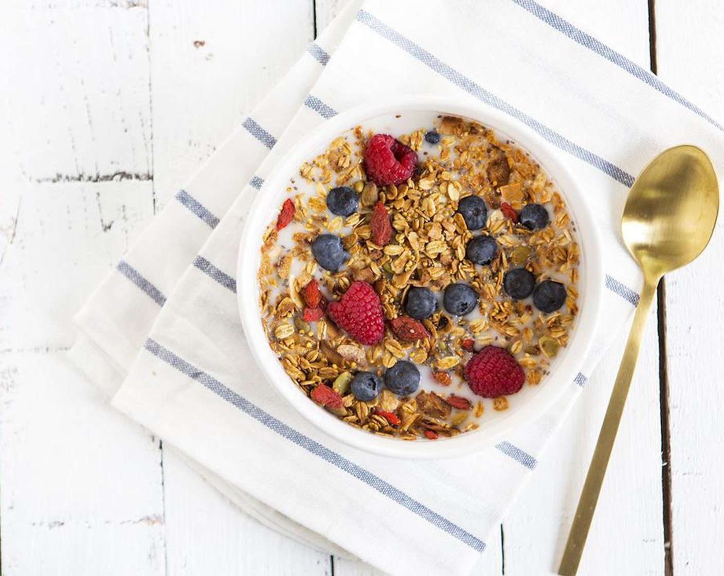 step 6 Once cooled, stir in Chia Seeds (2 Tbsp) and Goji Berries (4 Tbsp). Serve with Almond Milk (to taste), Fresh Blueberries (to taste) and Fresh Raspberries (to taste). Enjoy!