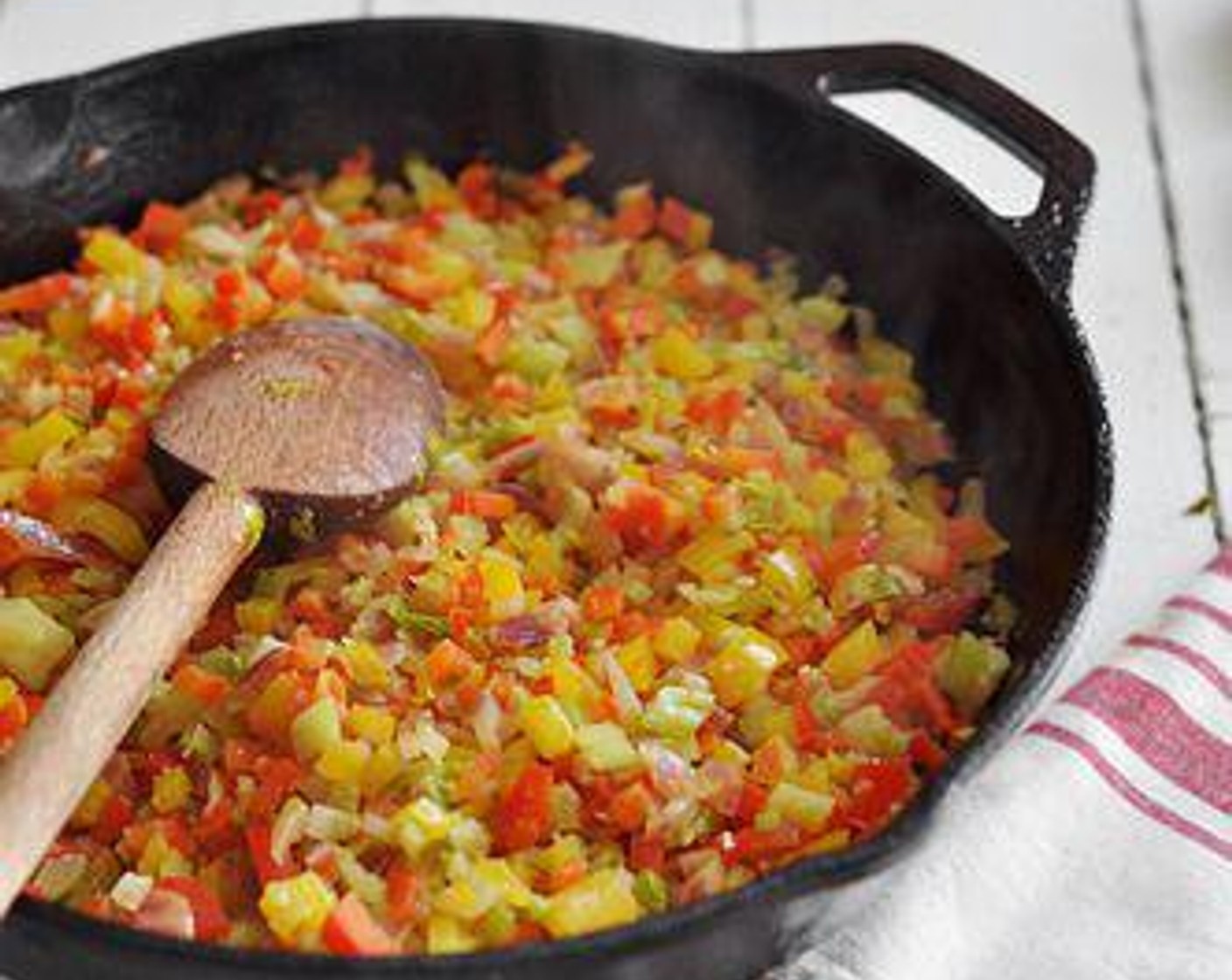 step 6 Cook about 5 to 8 minutes, until the veggies are soft. Season with salt, black pepper, Worcestershire Sauce (1 Tbsp), Hot Sauce (to taste), and Old Bay® Seasoning (1/2 Tbsp). Cook a few minutes longer. Remove from the heat, transfer to a bowl