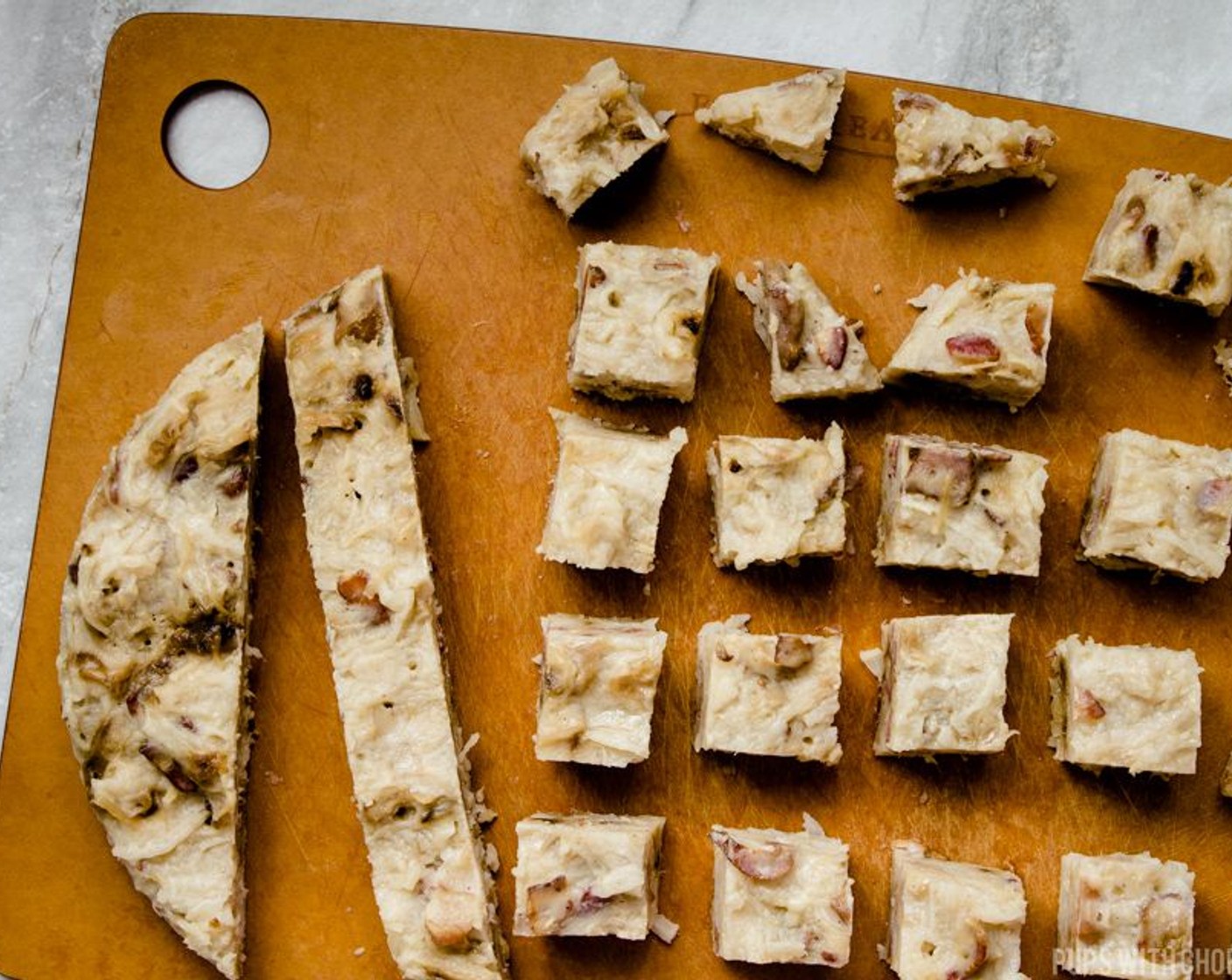 step 16 Cut the turnip cake into 2 cm cubes, and pan-fry it in Frying Oil (as needed) on a non-stick pan over medium heat. If you have extra bacon fat from browning the bacon, you can use some of that as well with a bit of oil! Pan fry them until they are brown and crispy.