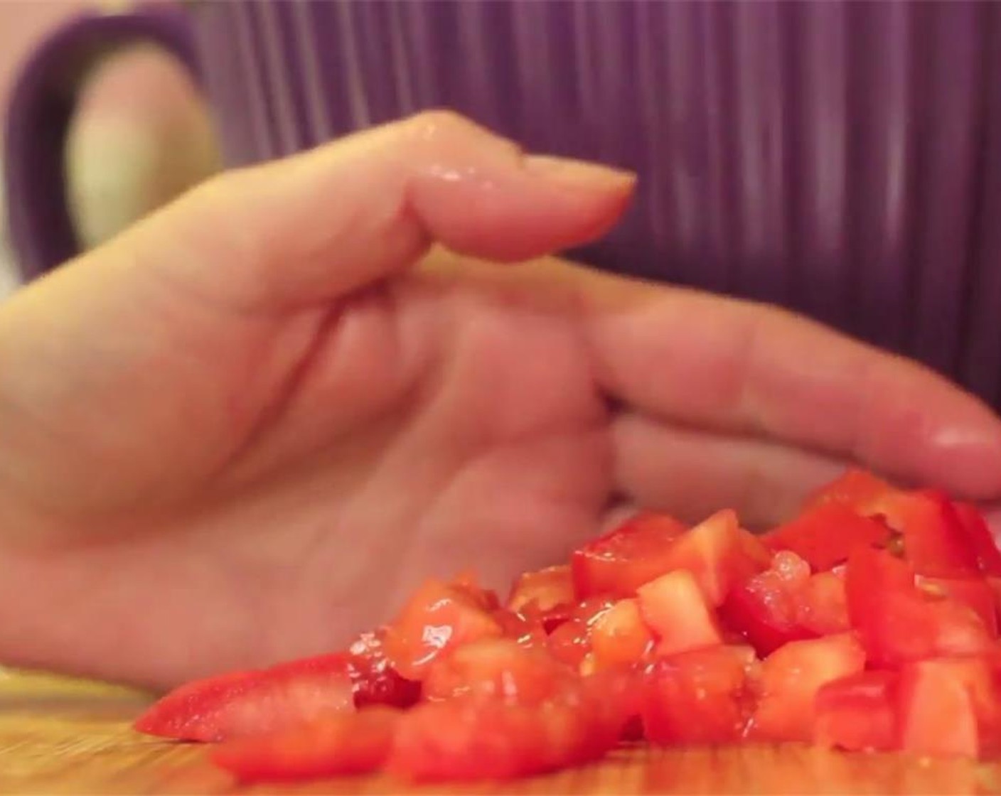 step 1 Julienne the Radish (1 bunch). Chop the Roma Tomatoes (2) and Red Onion (1/3). De-stem the Fresh Cilantro (2 Tbsp).