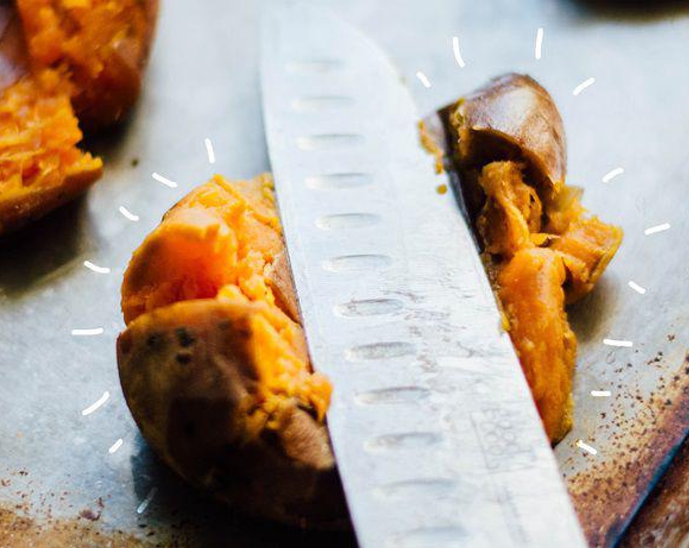 step 2 Place potatoes on a well-greased or parchment paper-lined baking sheet and cut three or so shallow slits in the tops of each. With the flat edge of a chef’s knife, gently smash each sweet potato. Drizzle or brush each with Olive Oil (1 Tbsp) and sprinkle with Salt (to taste), Ground Black Pepper (to taste), and Fresh Thyme (2 sprigs). Set aside.