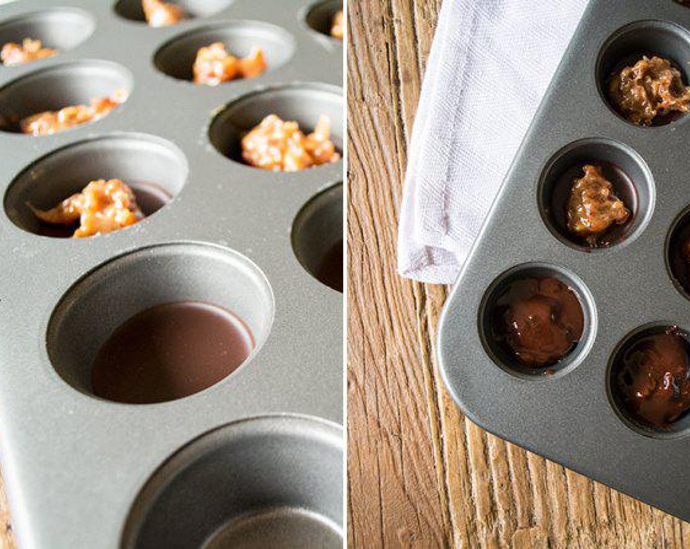 step 3 In mini muffin pan, spoon in small spoonful of melted chocolate mixture (set some aside to add after the caramel). Tilt the pan slightly to allow chocolate to coat the sides. Place in the freezer to set for approximately 10 minutes.