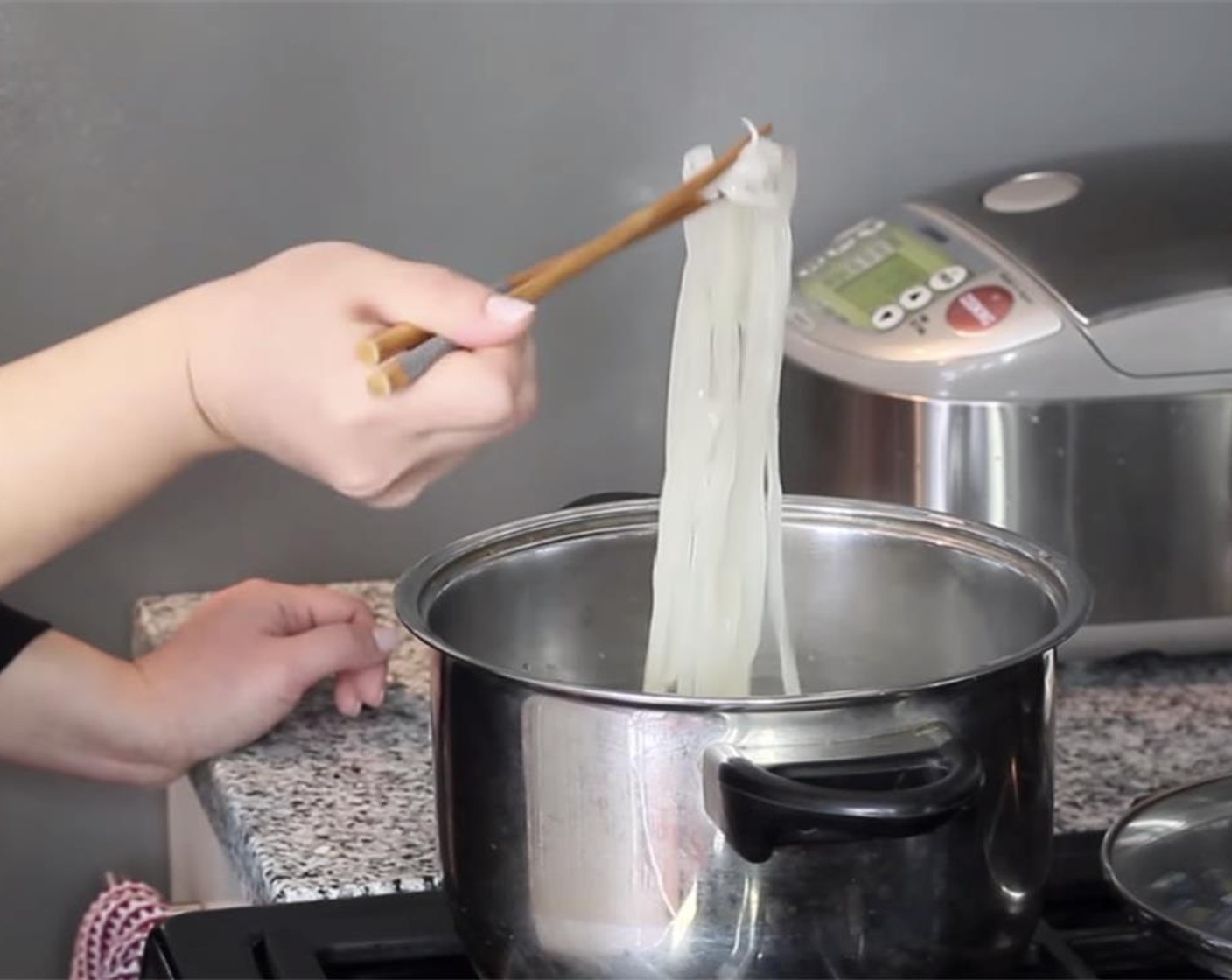 step 1 Boil your Flat Rice Noodles (4 oz) until pliable and mostly cooked, but not mushy. No need to soak them in advance.
